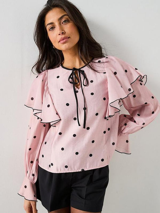 V by Very Spot Tie Ruffle Blouse - Pink