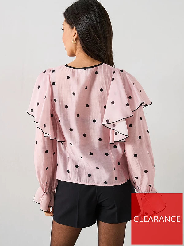 V by Very Spot Tie Ruffle Blouse - Pink