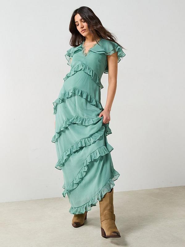 V by Very V Neck Ruffle Maxi Dress Green