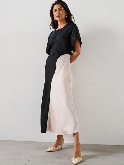 Colour Block Satin Midi Dress - Mono