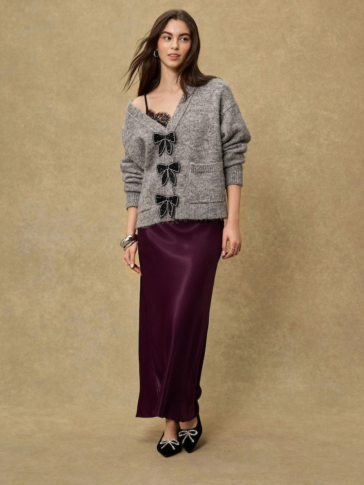 Burgundy Red Satin Midi Skirt