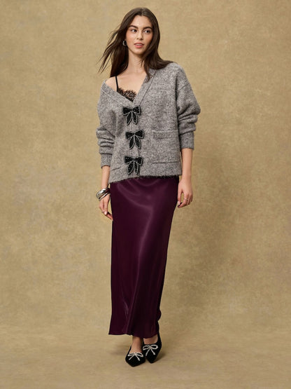Burgundy Red Satin Midi Skirt