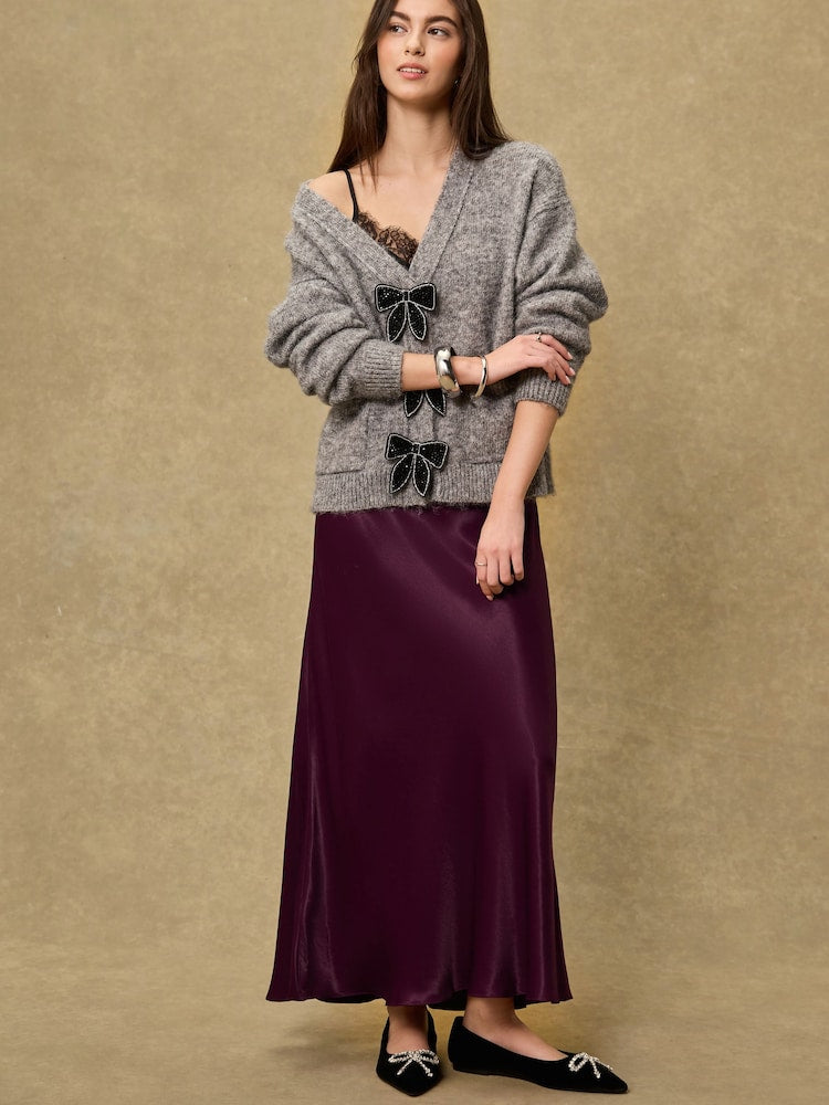 Burgundy Red Satin Midi Skirt