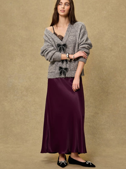 Burgundy Red Satin Midi Skirt