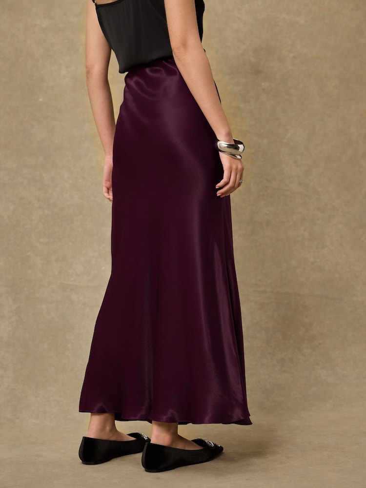 Burgundy Red Satin Midi Skirt