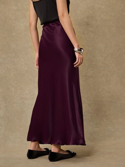 Burgundy Red Satin Midi Skirt