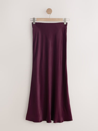 Burgundy Red Satin Midi Skirt