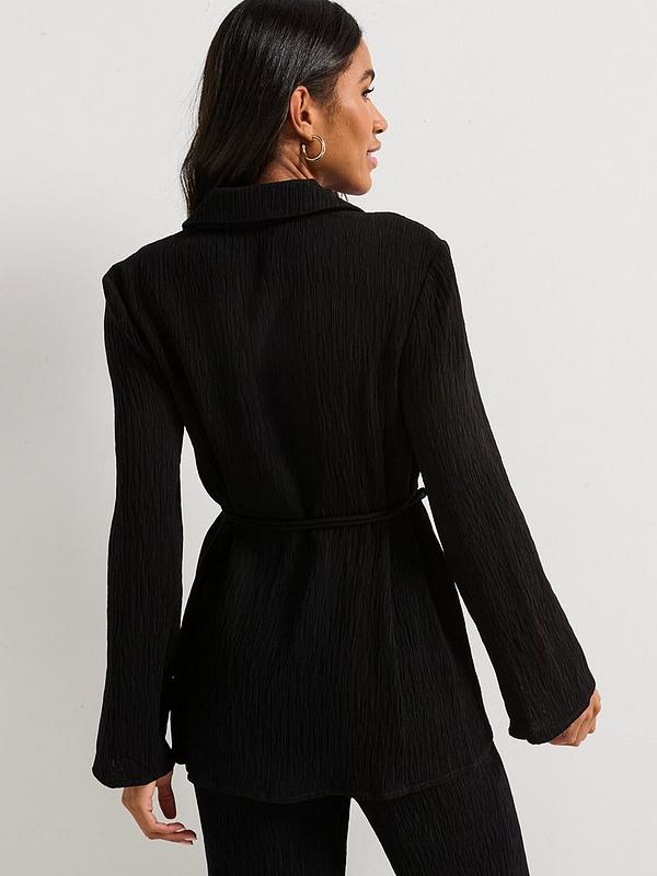 V by Very Crinkle Tie Waist Longline Shirt - Black