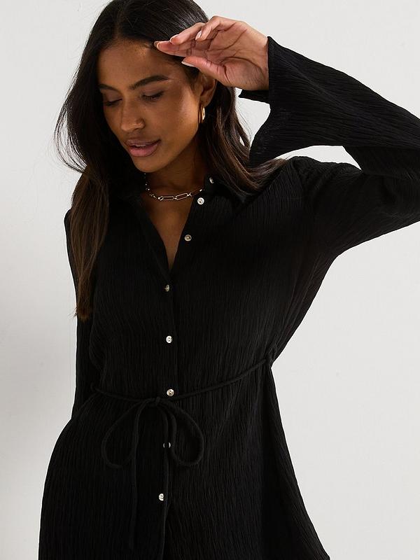 V by Very Crinkle Tie Waist Longline Shirt - Black
