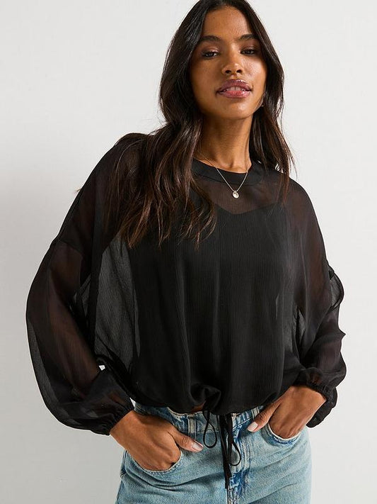 Hem Long Sleeve Shell Blouse - Black