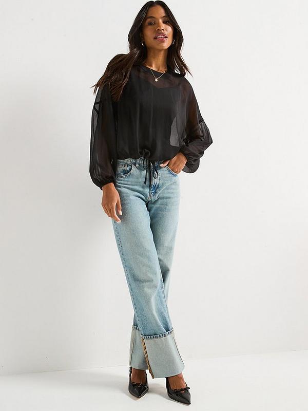 Hem Long Sleeve Shell Blouse - Black
