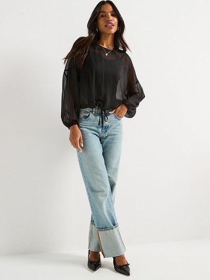 Hem Long Sleeve Shell Blouse - Black