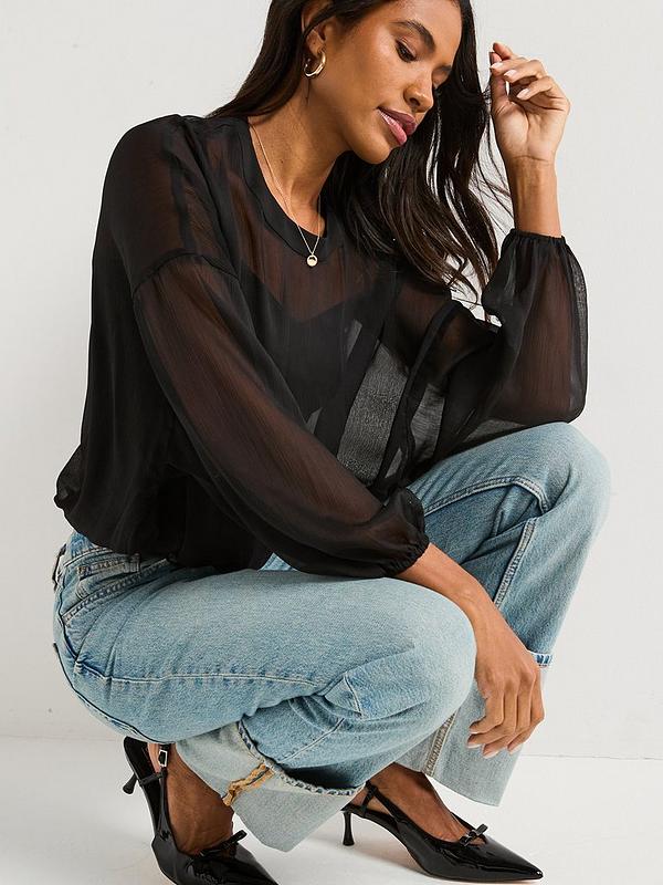 Hem Long Sleeve Shell Blouse - Black