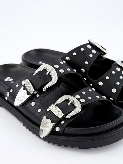 V by Very Western Double Buckle Footbed Sandals - Black