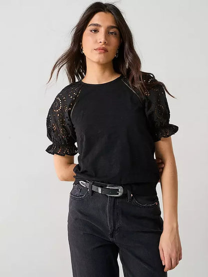 V by Very Broderie Sleeve Tee - Black