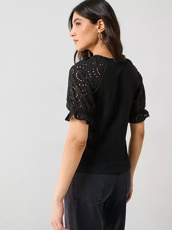 V by Very Broderie Sleeve Tee - Black