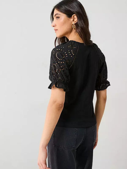 V by Very Broderie Sleeve Tee - Black