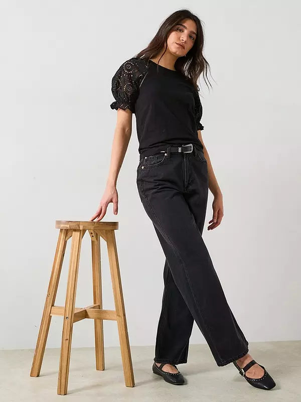 V by Very Broderie Sleeve Tee - Black