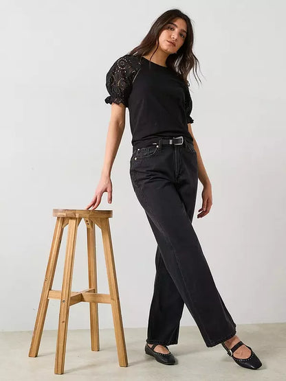 V by Very Broderie Sleeve Tee - Black