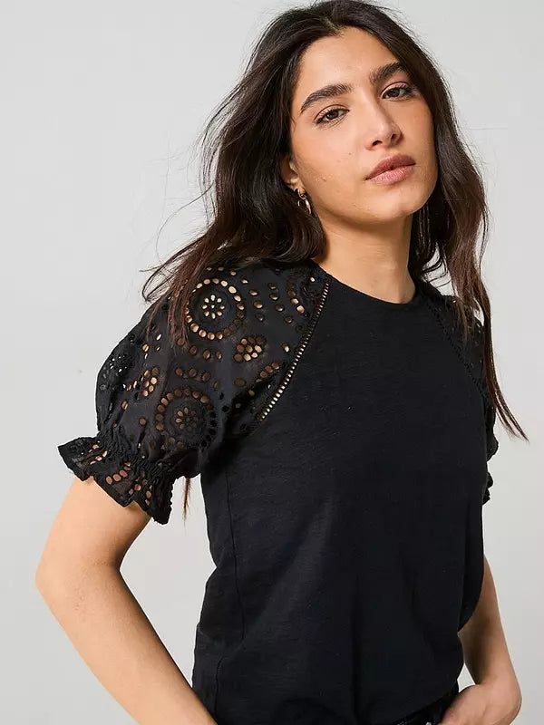 V by Very Broderie Sleeve Tee - Black