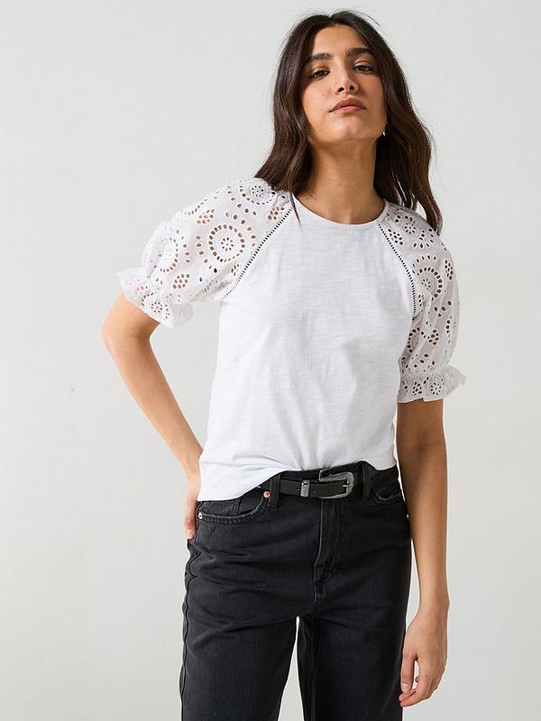 V by Very Broderie Sleeve Tee - White