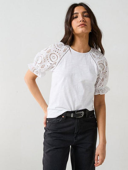 V by Very Broderie Sleeve Tee - White