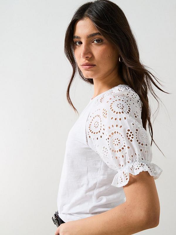 V by Very Broderie Sleeve Tee - White