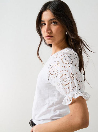 V by Very Broderie Sleeve Tee - White
