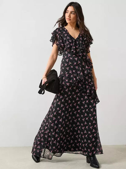 V by Very Floral Printed Ruffle Midaxi Dress - Black