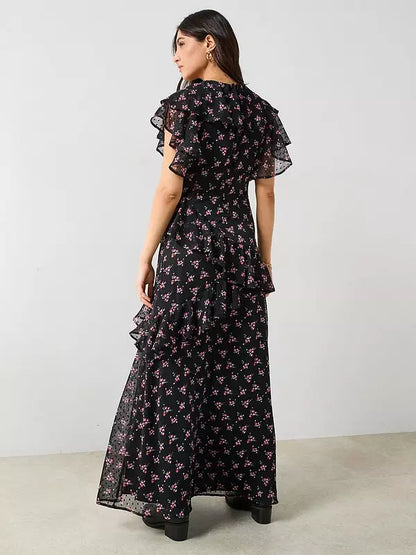 V by Very Floral Printed Ruffle Midaxi Dress - Black