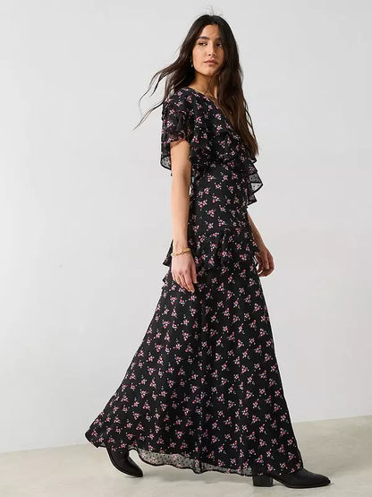 V by Very Floral Printed Ruffle Midaxi Dress - Black