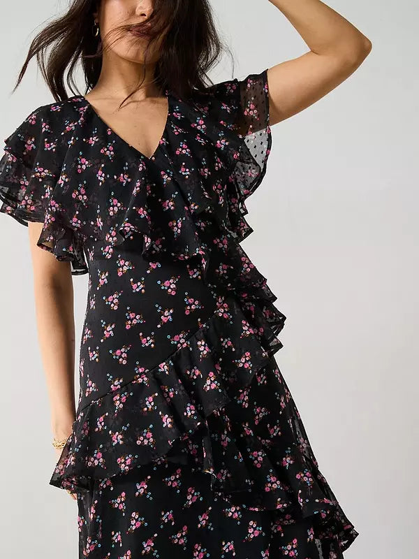 V by Very Floral Printed Ruffle Midaxi Dress - Black