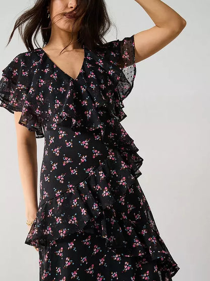 V by Very Floral Printed Ruffle Midaxi Dress - Black