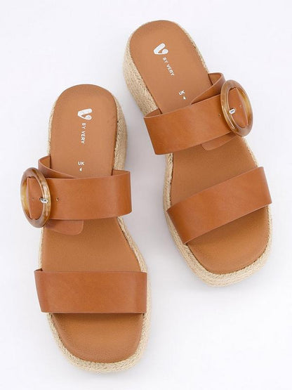 V by Very Wide Fit Double Strap Flatform Espadrille Sandals - Brown