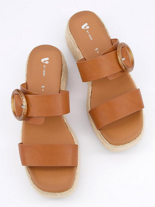 V by Very Wide Fit Double Strap Flatform Espadrille Sandals - Brown