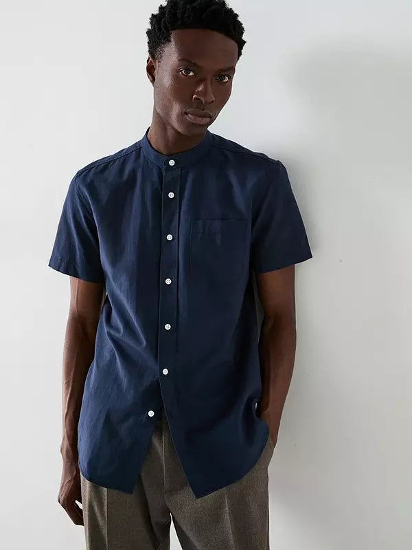 Everyday Short Sleeve Grandad Collar Oxford Shirt - Navy