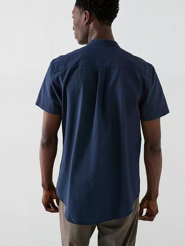 Everyday Short Sleeve Grandad Collar Oxford Shirt - Navy