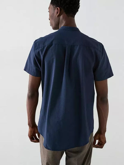 Everyday Short Sleeve Grandad Collar Oxford Shirt - Navy