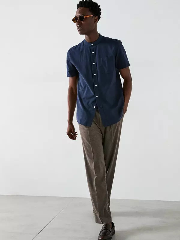 Everyday Short Sleeve Grandad Collar Oxford Shirt - Navy
