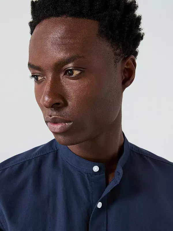 Everyday Short Sleeve Grandad Collar Oxford Shirt - Navy