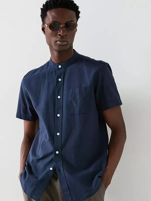Everyday Short Sleeve Grandad Collar Oxford Shirt - Navy
