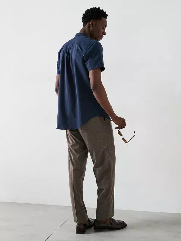 Everyday Short Sleeve Grandad Collar Oxford Shirt - Navy