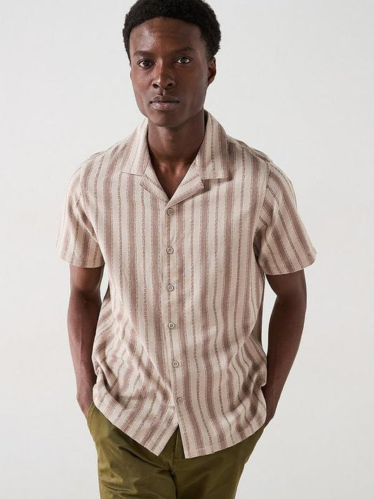 Very Man Short Sleeve Revere Textured Stripe Shirt - Stone