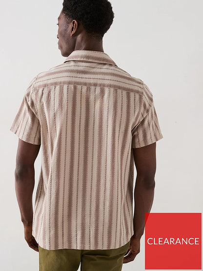Very Man Short Sleeve Revere Textured Stripe Shirt - Stone