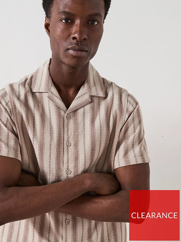 Very Man Short Sleeve Revere Textured Stripe Shirt - Stone