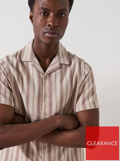 Very Man Short Sleeve Revere Textured Stripe Shirt - Stone