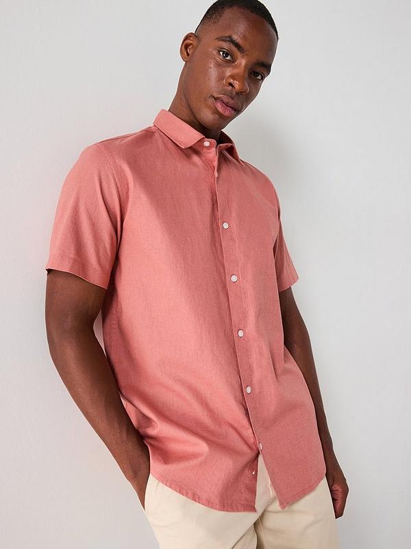 Short Sleeve Standard Collar Linen Shirt - Terracotta