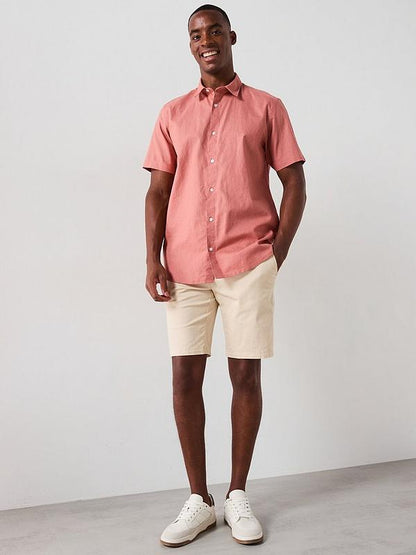 Short Sleeve Standard Collar Linen Shirt - Terracotta