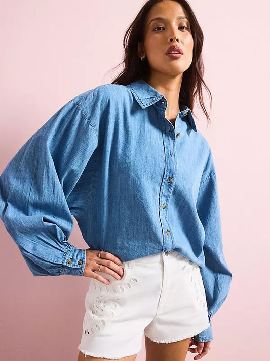 Volume Sleeve Soft Denim Shirt - Mid Wash