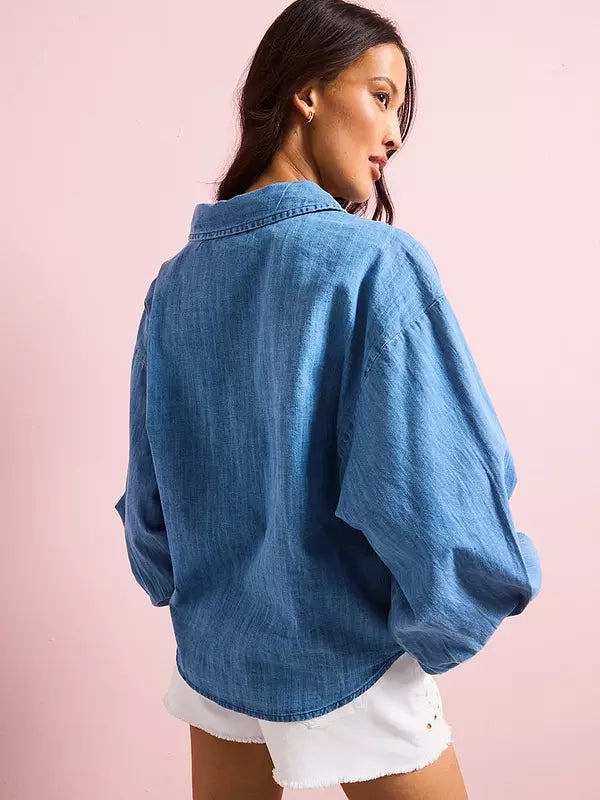 Volume Sleeve Soft Denim Shirt - Mid Wash